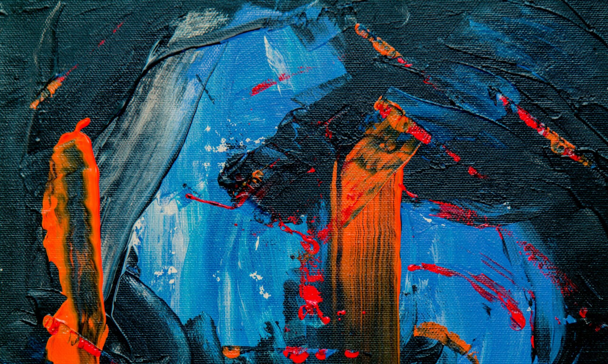 Dynamic abstract painting with bold colors and textures in acrylic on canvas.